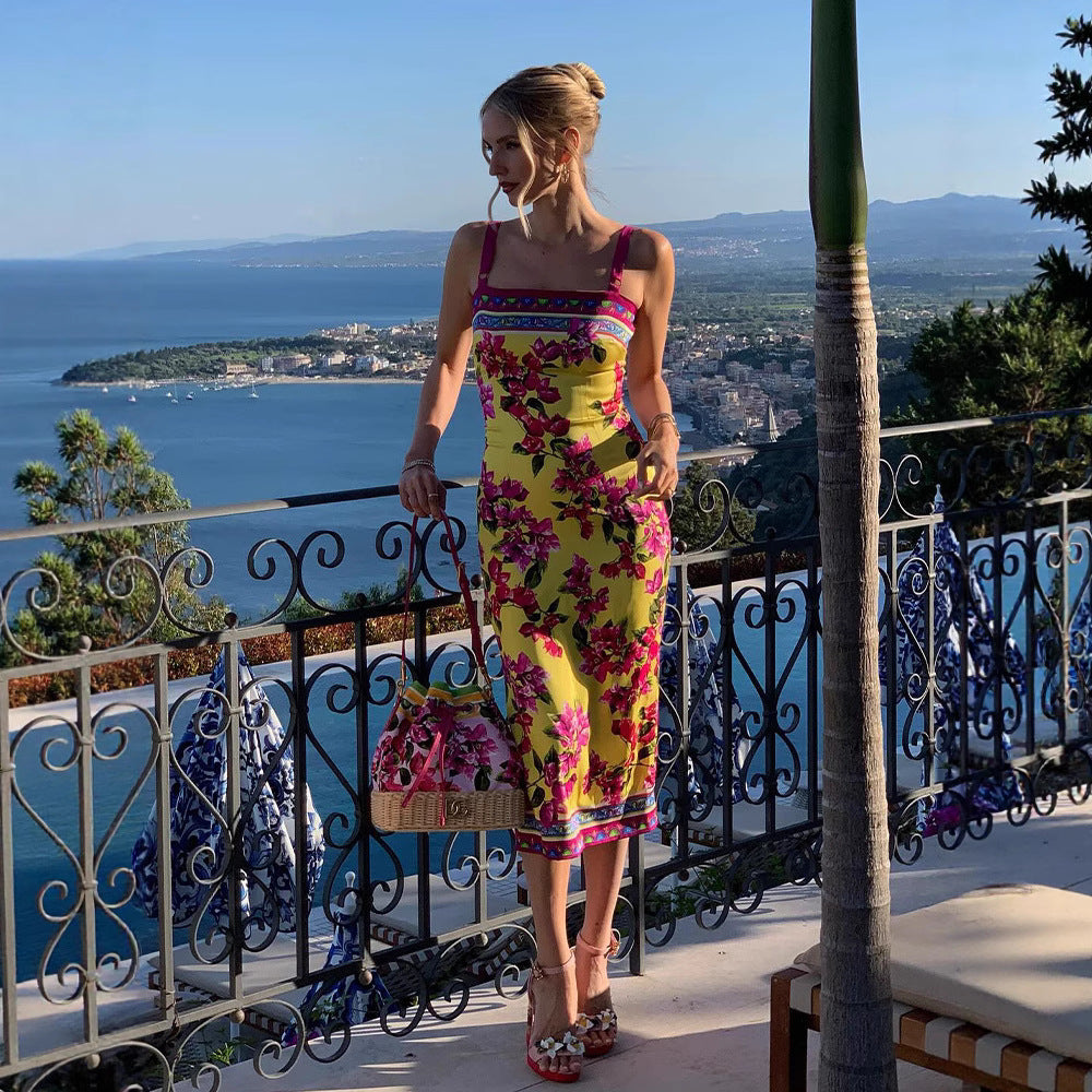 Women's Summer Ethnic Retro Printed Slim Fit Sheath Sling Dress Maxi Dress For Women