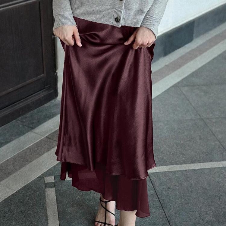 Satin Skirt Patchwork Mesh Double Layer Sheath