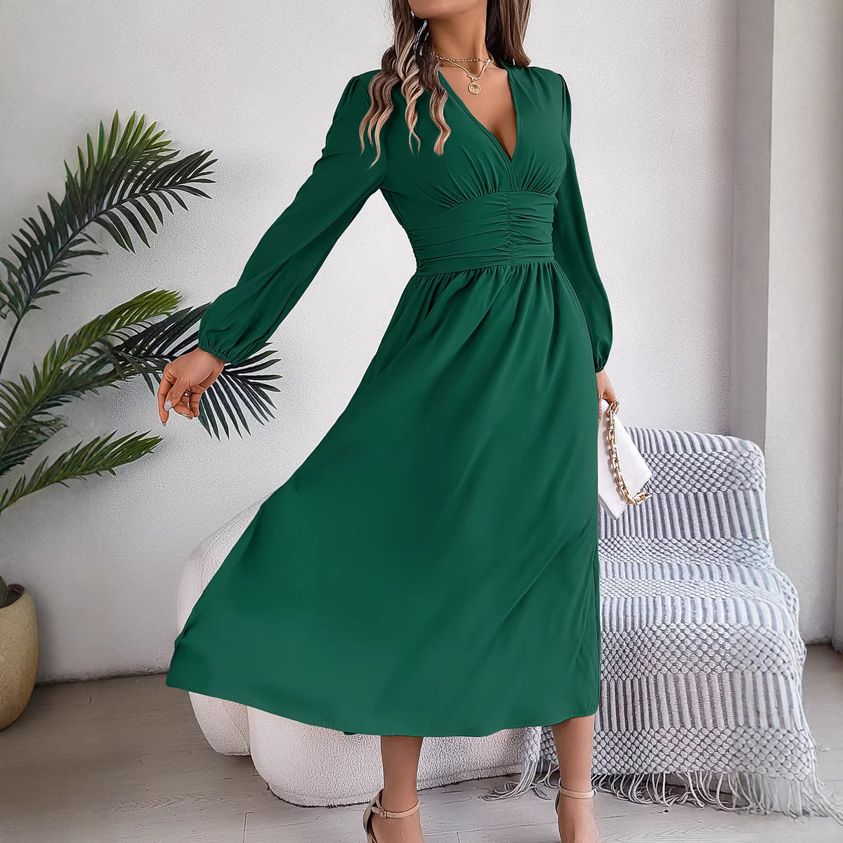 Women's Smocked V-Neck Maxi Dress