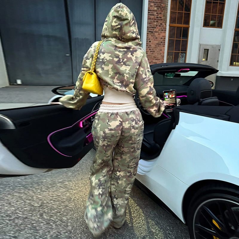 Women's Casual Contrast Color Cinched Hoodie Long Sleeve Sweatshirt Sweatpants Two Piece Camouflage Cardigan Coat Trousers Sets