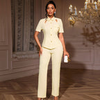 Collared Hollow Out Cutout Button Lace Up Waist Trimming Shirt All Matching Straight Two-Piece Set
