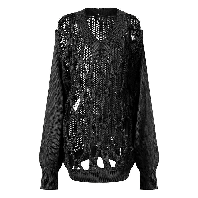 Women's V-Neck Mesh Knit Sweater Top