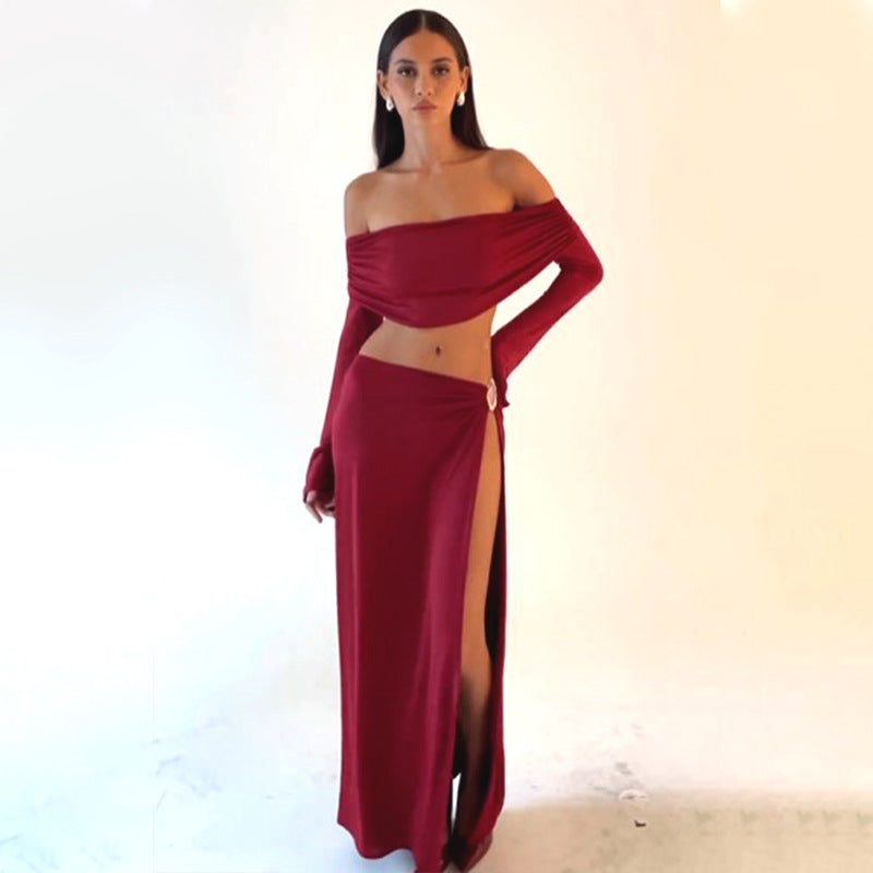 Women's Autumn Off Neck Long Coordinated Two-Piece Set