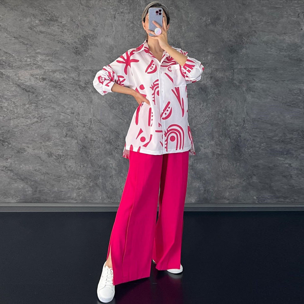 Women's Casual Long Sleeve Printed Shirt High Waist Slit Wide Leg