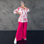 Women's Casual Long Sleeve Printed Shirt High Waist Slit Wide Leg