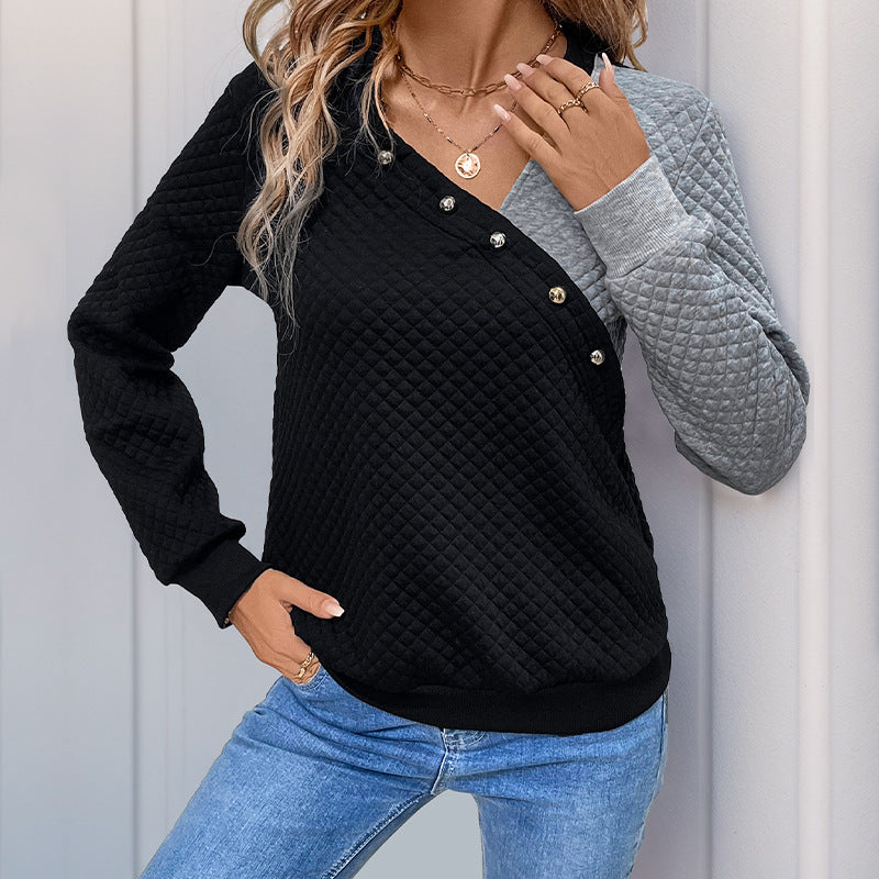 Casual Korean Color Block V Neck Rhombus Quilted Sweater