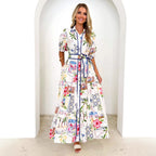 Cotton Linen Floral-Print Lace-Up Short-Sleeve Dress