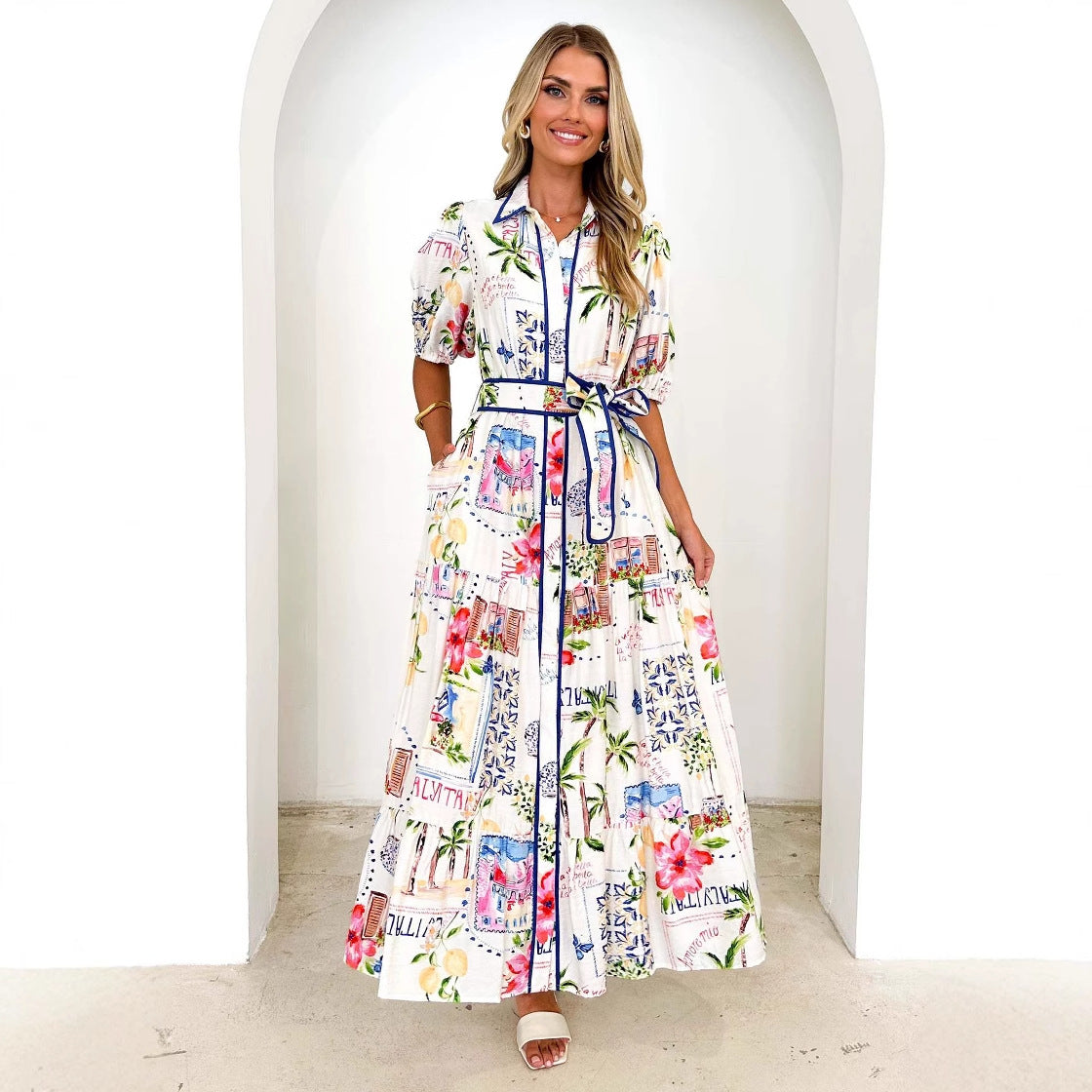 Cotton Linen Floral-Print Lace-Up Short-Sleeve Dress