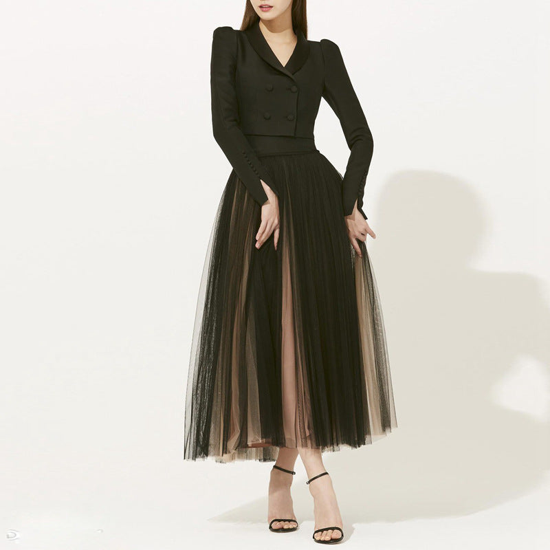 Women's Green Mesh Pleated Top and Skirt Two-Piece Set
