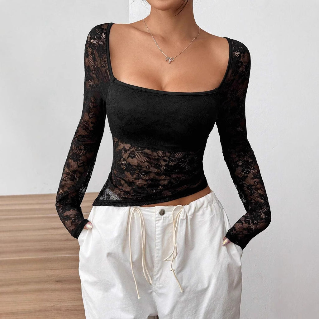 Women’s Black Lace Asymmetric Ruched Long Sleeve Top