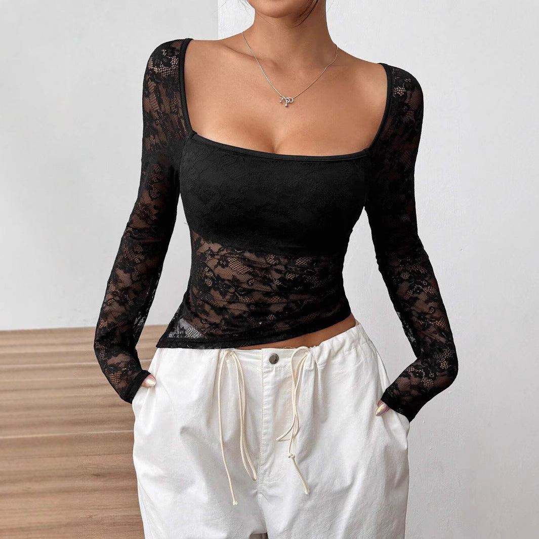 Women’s Black Lace Asymmetric Ruched Long Sleeve Top
