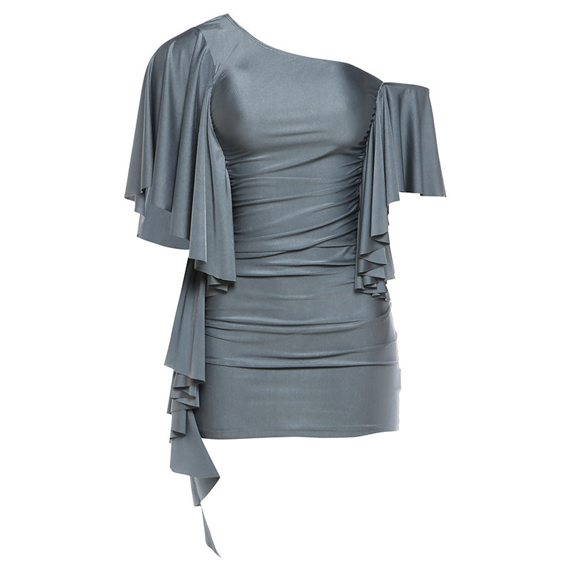 Gray ruched sheath dress with off-shoulder neckline and cascading ruffle sleeves