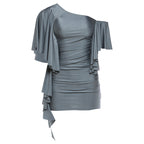 Gray ruched sheath dress with off-shoulder neckline and cascading ruffle sleeves