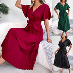 Spring Summer Elegant Criss Cross V-neck Swing Pleated Dress Women's