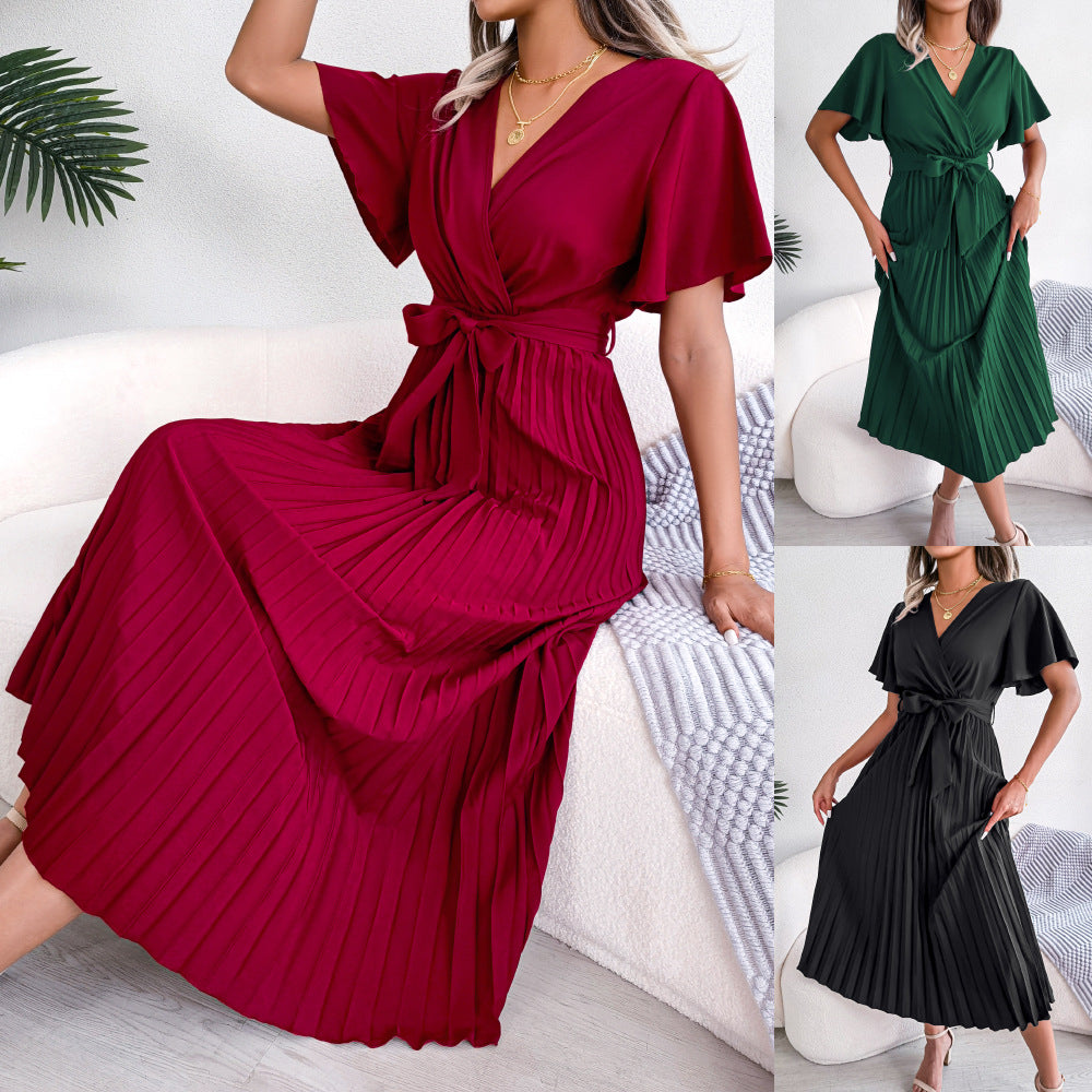 Spring Summer Elegant Criss Cross V-neck Swing Pleated Dress Women's
