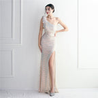 Women's One-Shoulder Sequin Asymmetric Fishtail Maxi Dress
