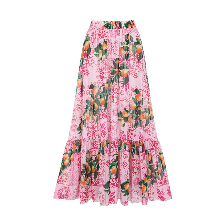 Pink floral tiered long swim skirt with elastic waistband