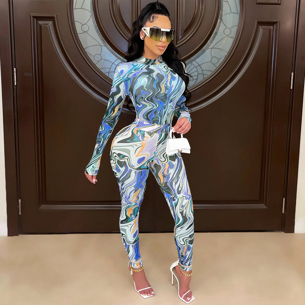 Women Wear Painted Tight Long Sleeve Pants Mesh See Through