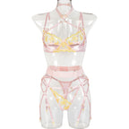 Sexy Lingerie Halter Sexy Hollow Out Cutout Satin Stitching Sexy Three-Piece Set