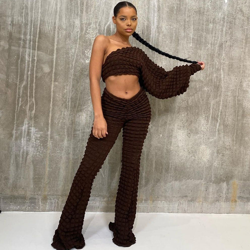Women's Autumn Shoulder Long Sleeves Cropped Top Slim Fitting Loose Trousers Suit