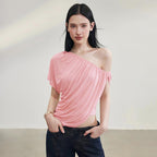 Sexy Casual Solid Color Sexy Slim Oblique Shoulder Tops