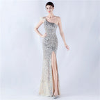 Women's Gradient Velvet Bottom Sequin Ostrich Feather One-Shoulder Diagonal Dress