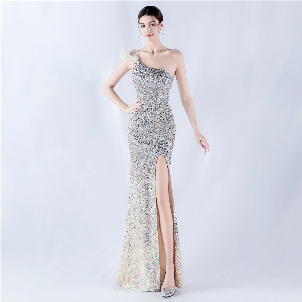 Women's Gradient Velvet Bottom Sequin Ostrich Feather One-Shoulder Diagonal Dress