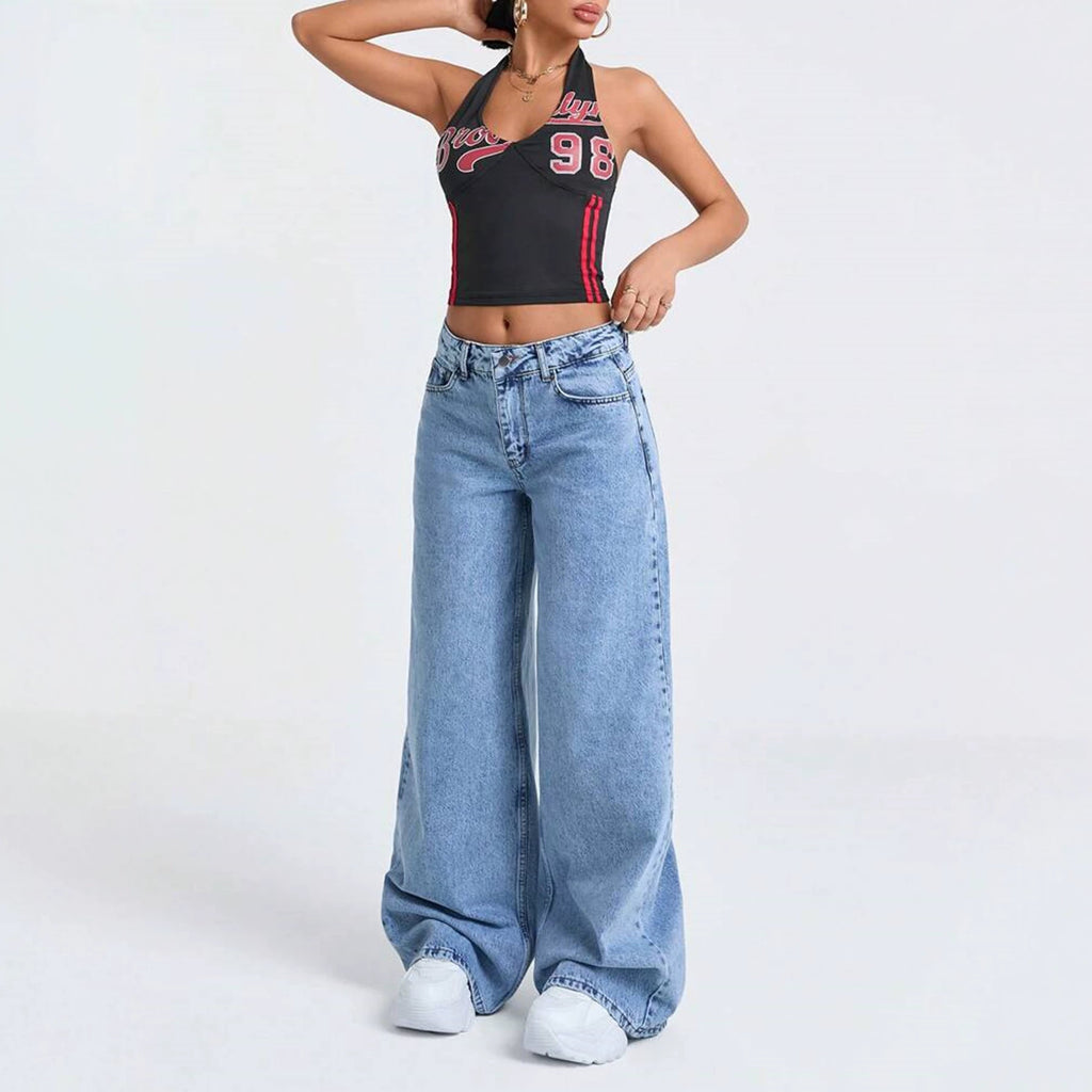 Women Washed Fried Snowflake Loose Wide Leg Jeans Women Jeans