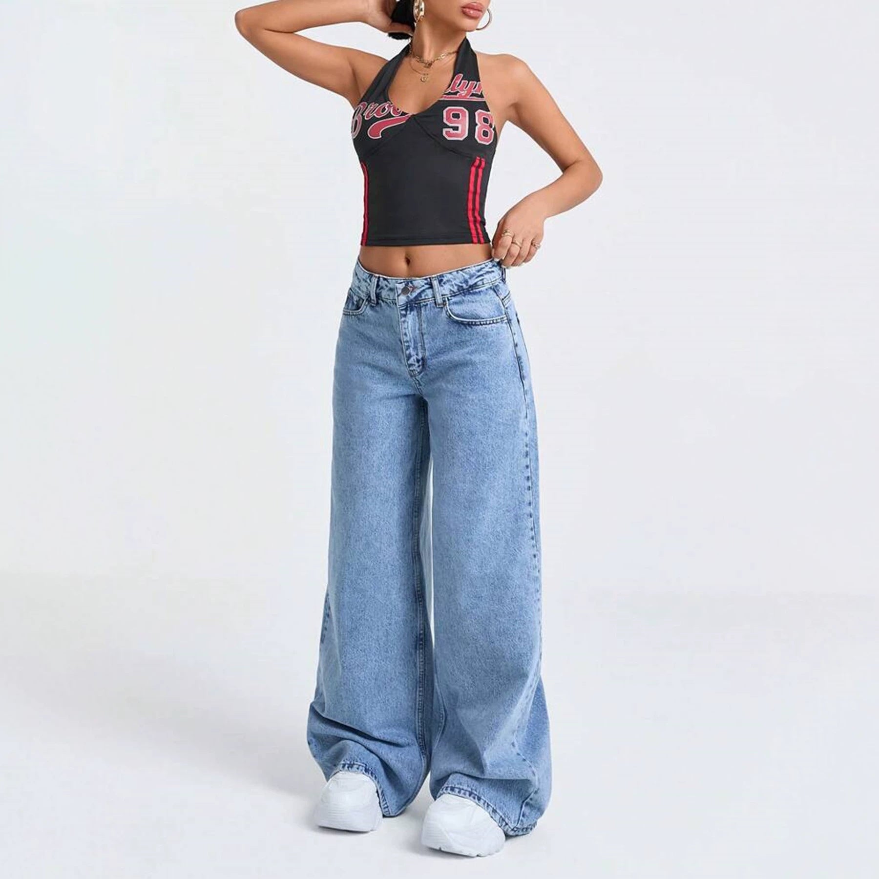 Women Washed Fried Snowflake Loose Wide Leg Jeans Women Jeans