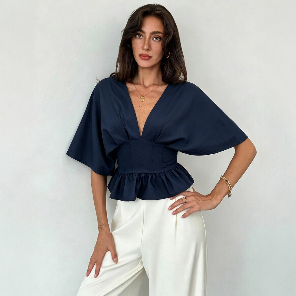 Women's Women Clothing V Neck Batwing Sleeve Top Backless Waist Trimming Slimming Flounce Hem Short T Shirt