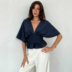 Women's Women Clothing V Neck Batwing Sleeve Top Backless Waist Trimming Slimming Flounce Hem Short T Shirt