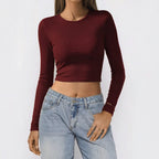 Round Neck Long Sleeve Top Big Backless Cropped T Shirt