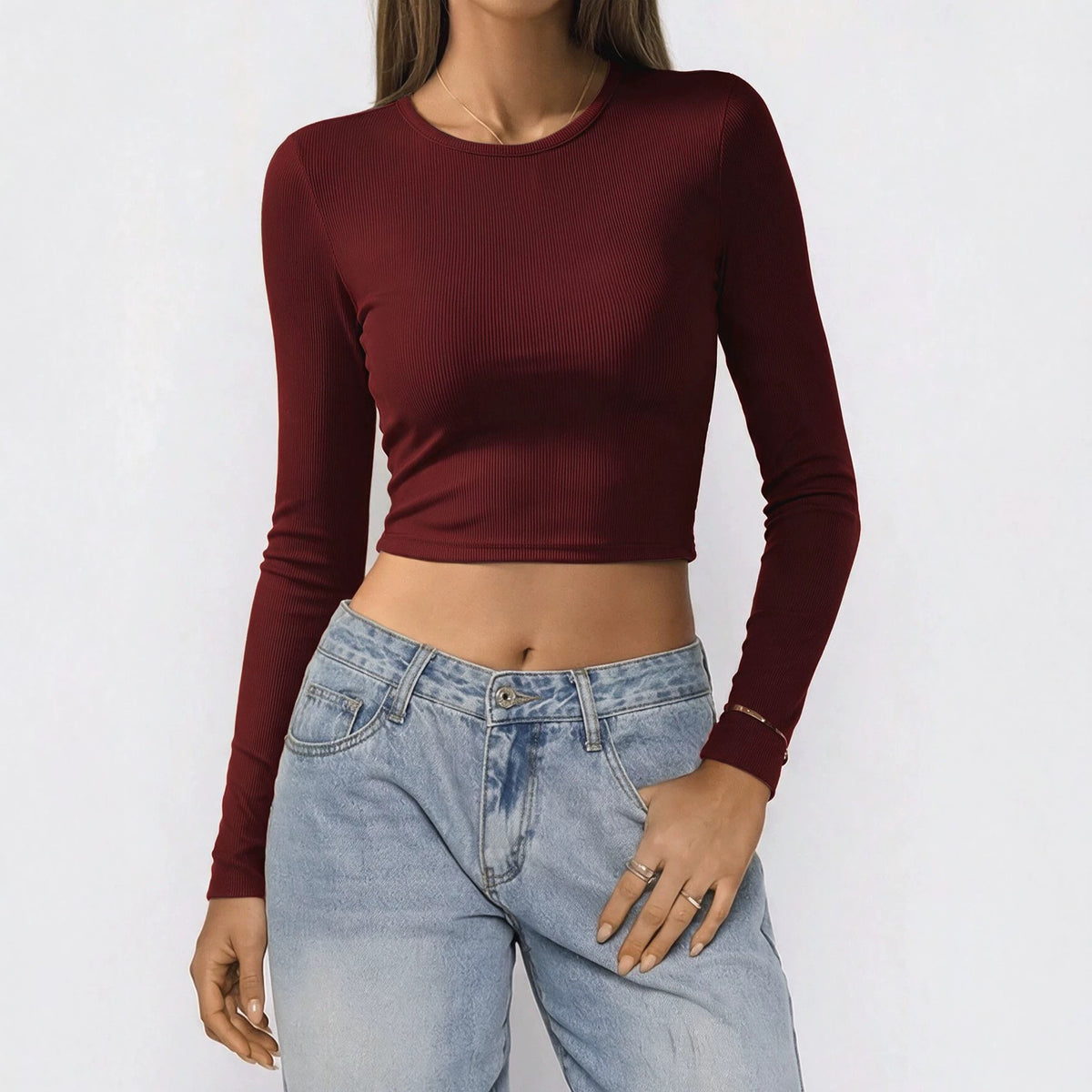 Round Neck Long Sleeve Top Big Backless Cropped T Shirt