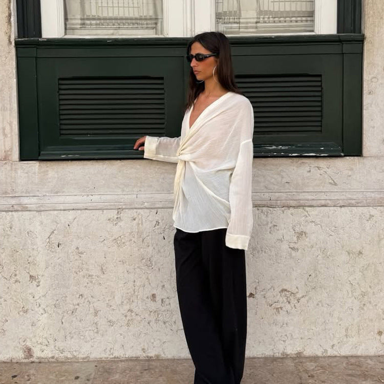 Special Interest Design Twisted V Neck Long Sleeve Loose Shirt French Top