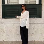 Special Interest Design Twisted V Neck Long Sleeve Loose Shirt French Top