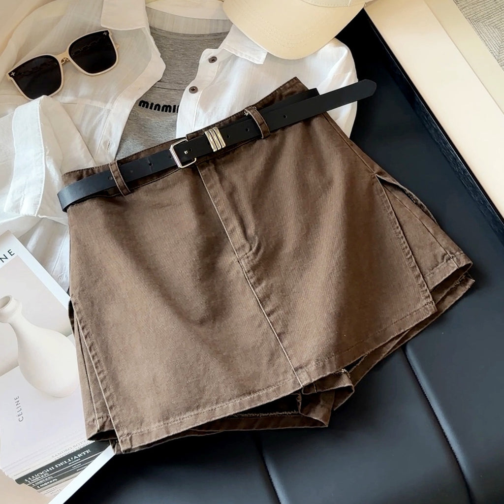 Retro Workwear HW Slimming Denim Short Culotte Women Autumn