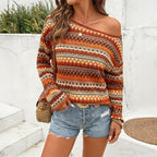 Women Clothing Summer Bohemian Contrast Color Striped off