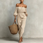 Apricot off-shoulder maxi dress with ruched bodice and flowing wide-leg skirt