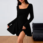Black summer dress with square neckline, long sleeves, fitted waist, swing skirt