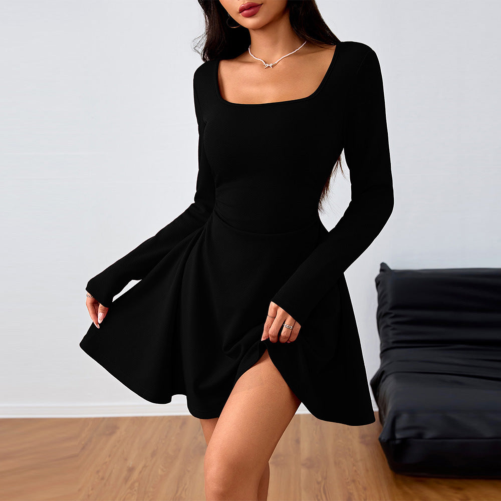 Black summer dress with square neckline, long sleeves, fitted waist, swing skirt