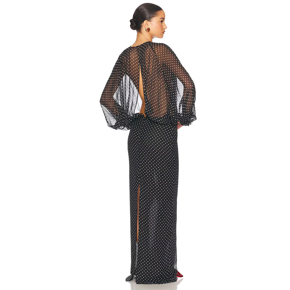Women's Solid Color Fall Long Sleeve French Polka Dot Chiffon Dress
