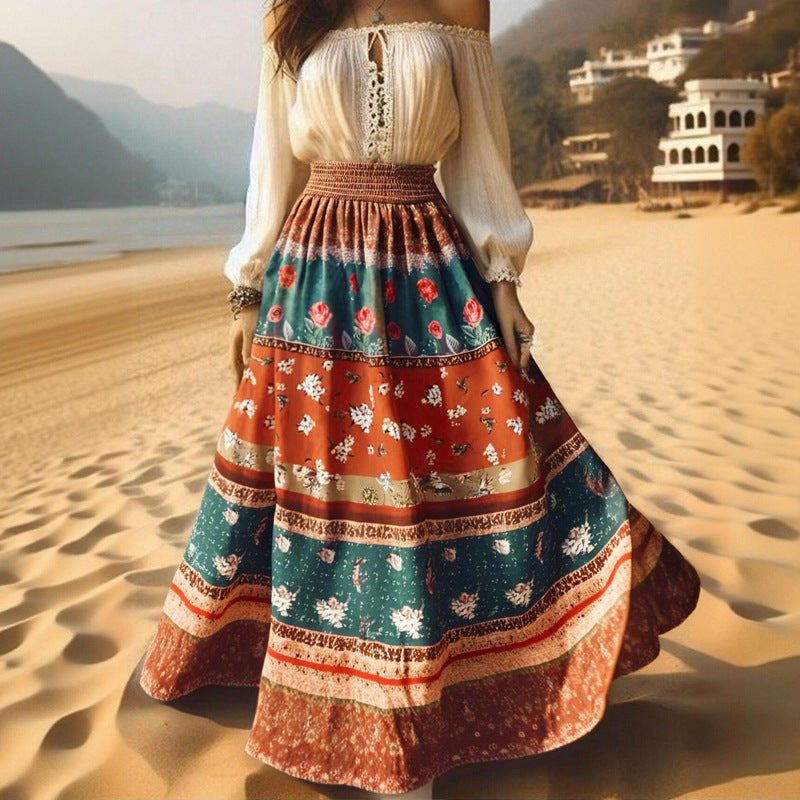 Women's High-Waisted Bohemian Printed Skirt