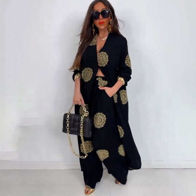 Elegant V-Neck Top Printed Wide Leg Pants Two Piece Set