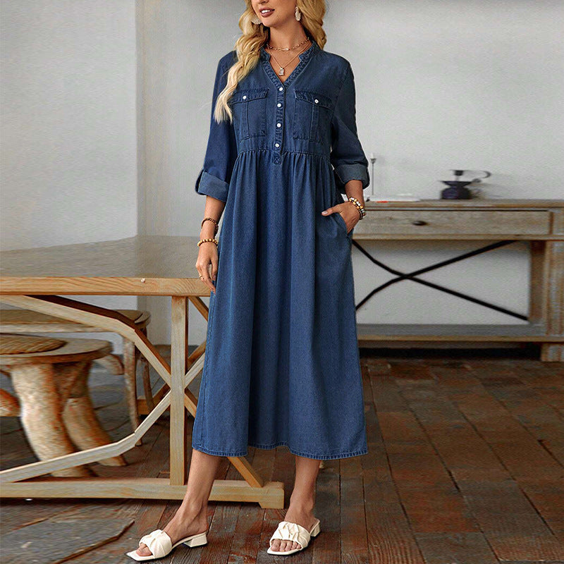French V-Neck Denim Maxi Dress