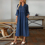 French V-Neck Denim Maxi Dress