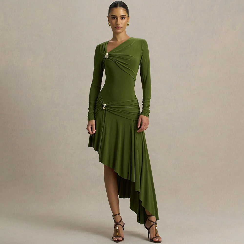Women's Slim Dress Pleated Irregular Asymmetric Maxi Dress