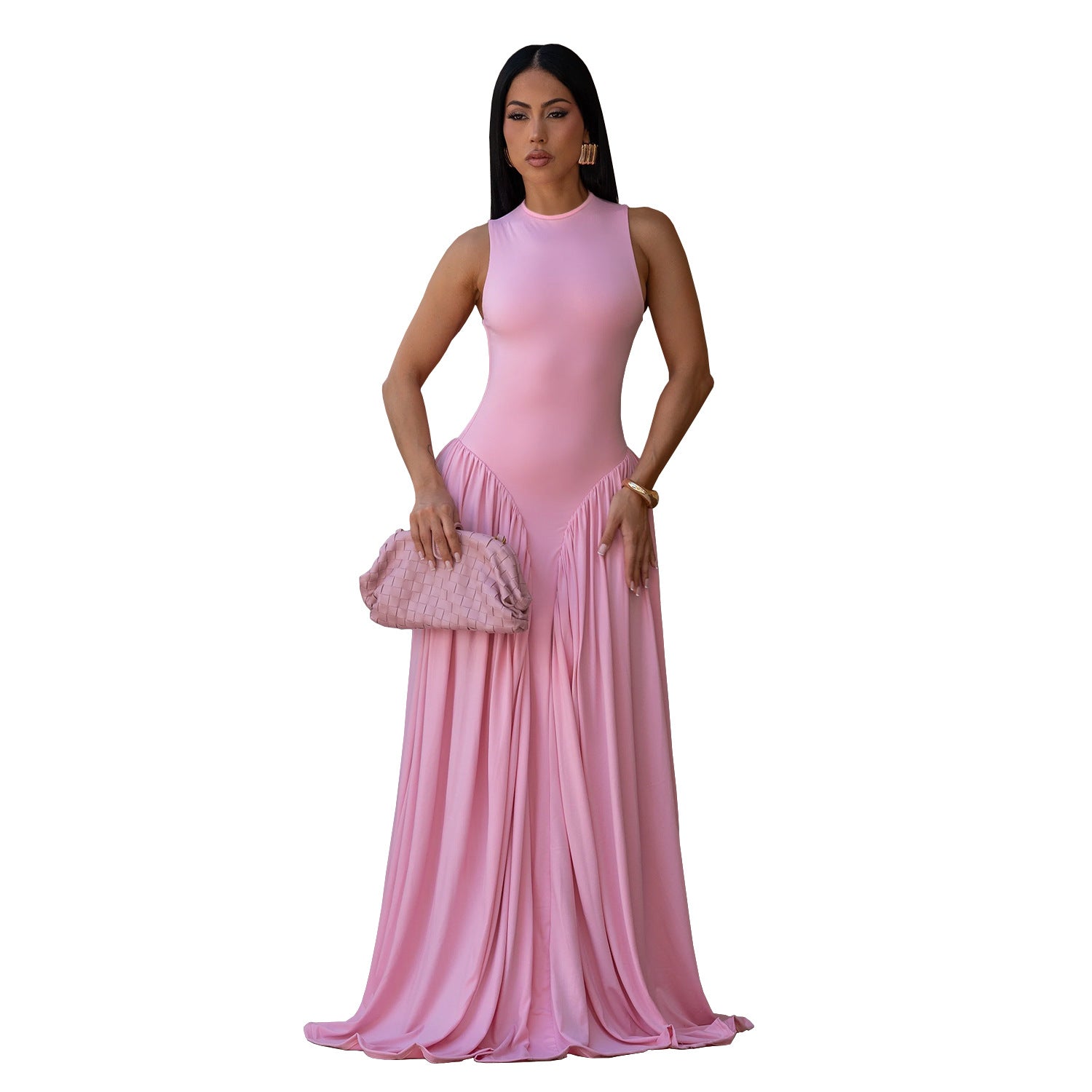 Pink sleeveless dress with high neck and gathered maxi skirt