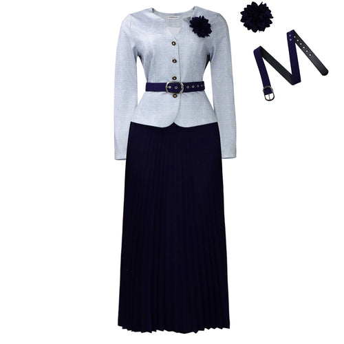 Tailored coat and pleated skirt set, light gray jacket, navy skirt, corsage brooch