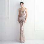 Women's Floral Beaded Strappy Party Sequin Dress Long Cocktail Slim Fit