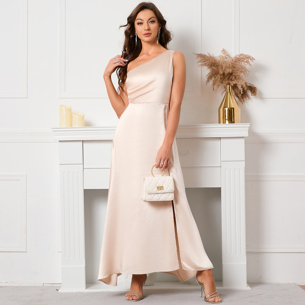 Women's Slant Shoulder Half Open Backless Satin Sleeveless Formal Ball Dress